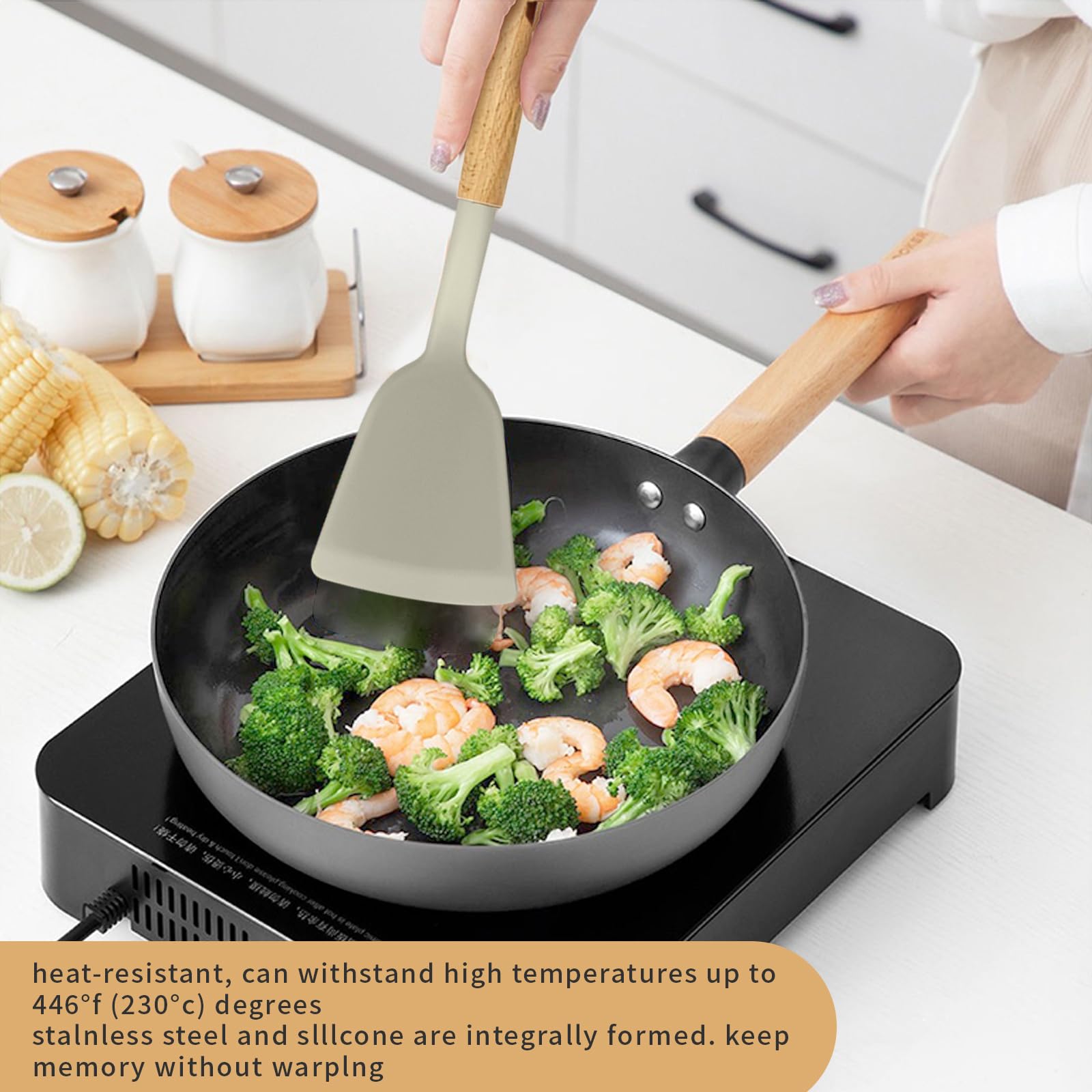 Utensilios de Cocina de Silicona 22 Piezas, set di utensili da cucina per pentole antiaderenti, al Calor y Antiadherentes con Mango de Madera para Utensilios sin BPA (Caqui)