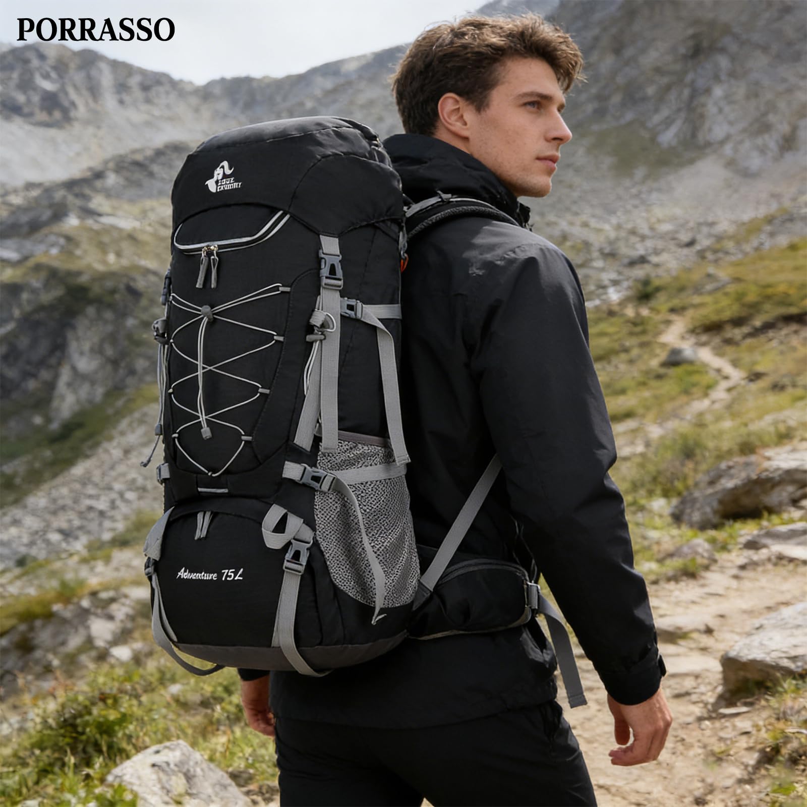 75L Zaino da Trekking Zaino Grande Zaini Resistente con Copertura per la Pioggia Donna Uomo Backpack per Escursionismo Campeggio Arrampicata Viaggio Nero