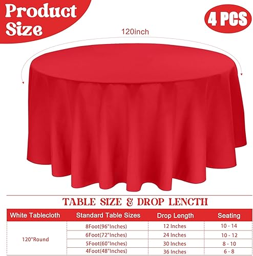 Miniatura 2 de Paquete de 4 manteles redondos de tela lavable de poliéster de 120 pulgadas para boda, comedor, bufé, fiestas, decoración de banquetes (rojo)
