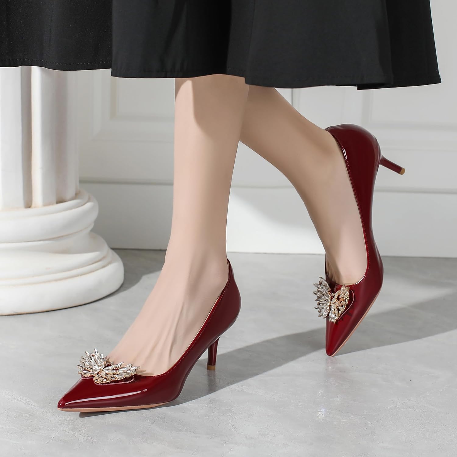 Kitten Heels for Women 2 Inch Rhinestone Bow Pointed Toe High Heels Comfortable Leather Stiletto Pumps Wedding Party Dress Shoes