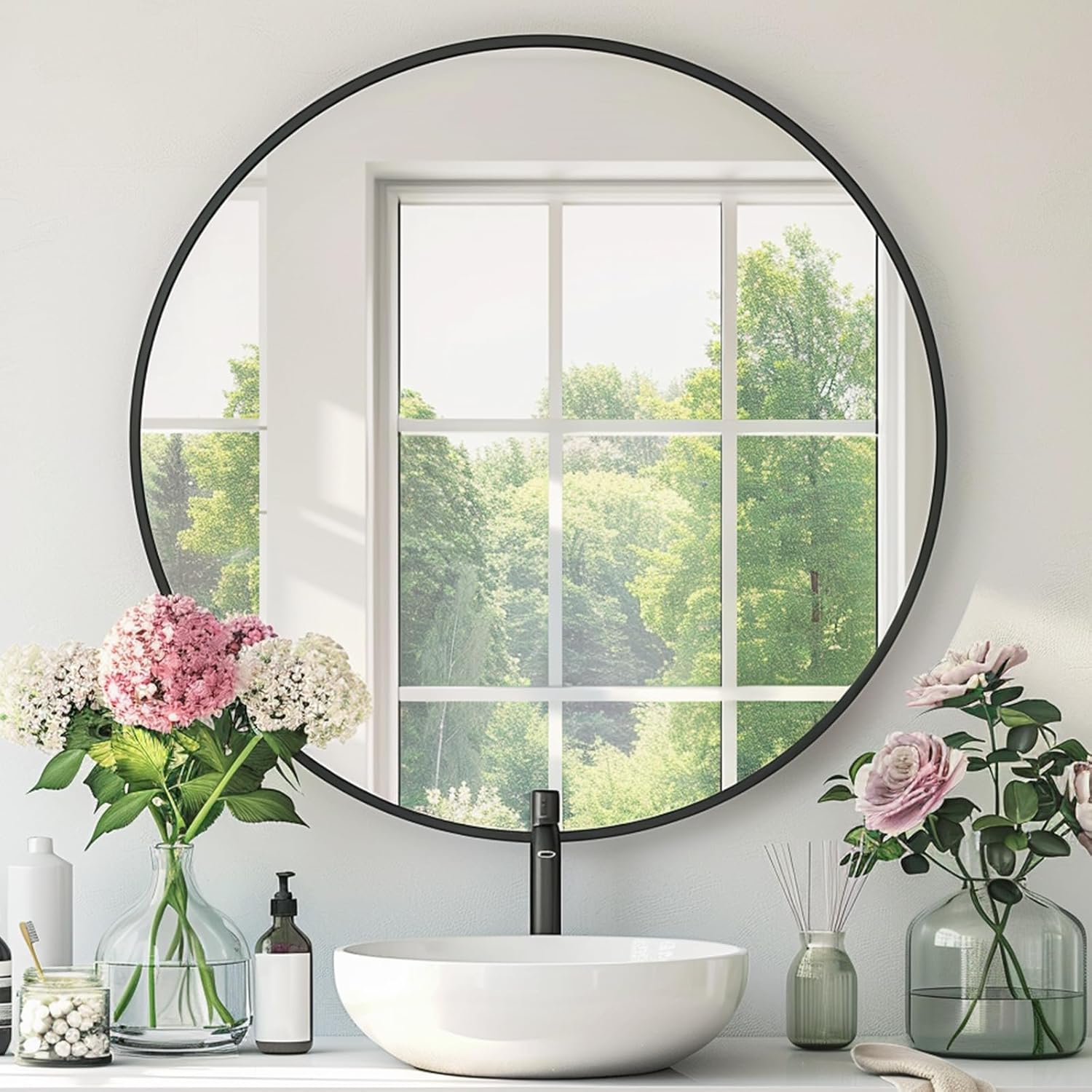 Round Silver Mirror, 30 Inch Circle Silver Mirror, Metal Frame Round Wall Mounted Mirrors for Bathroom, Living Room, Bedroom, Entryway, Vanity, Chrome, Nickel