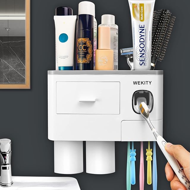 WEKITY Toothbrush Holder Wall Mounted, Bathroom Toothbrush Holder Set Automatic Toothpaste Dispenser Kit with Cups, Toothbrush Slots and Drawers Cosmetic Organizer