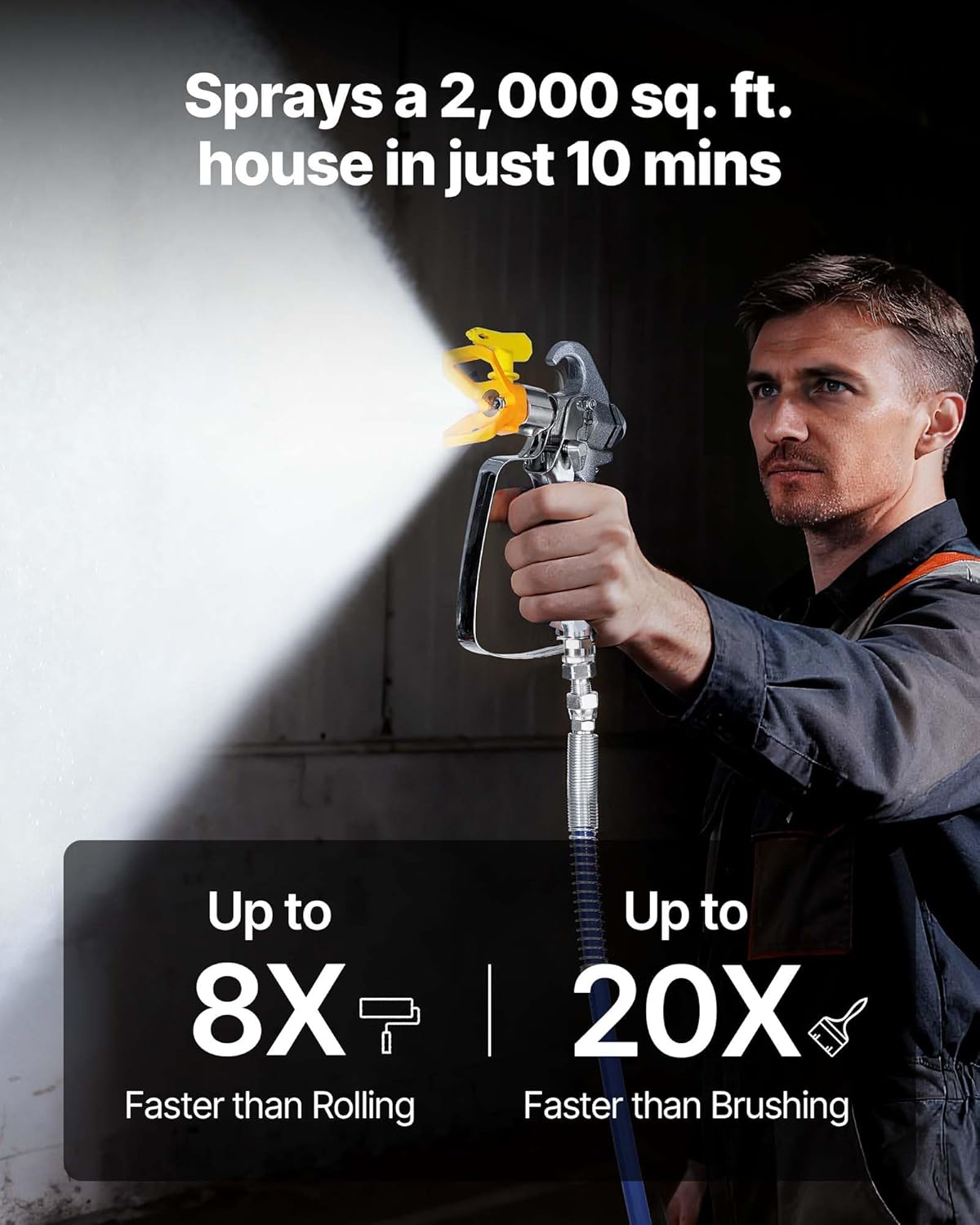 Man spraying paint on a house exterior with VEVOR airless paint sprayer