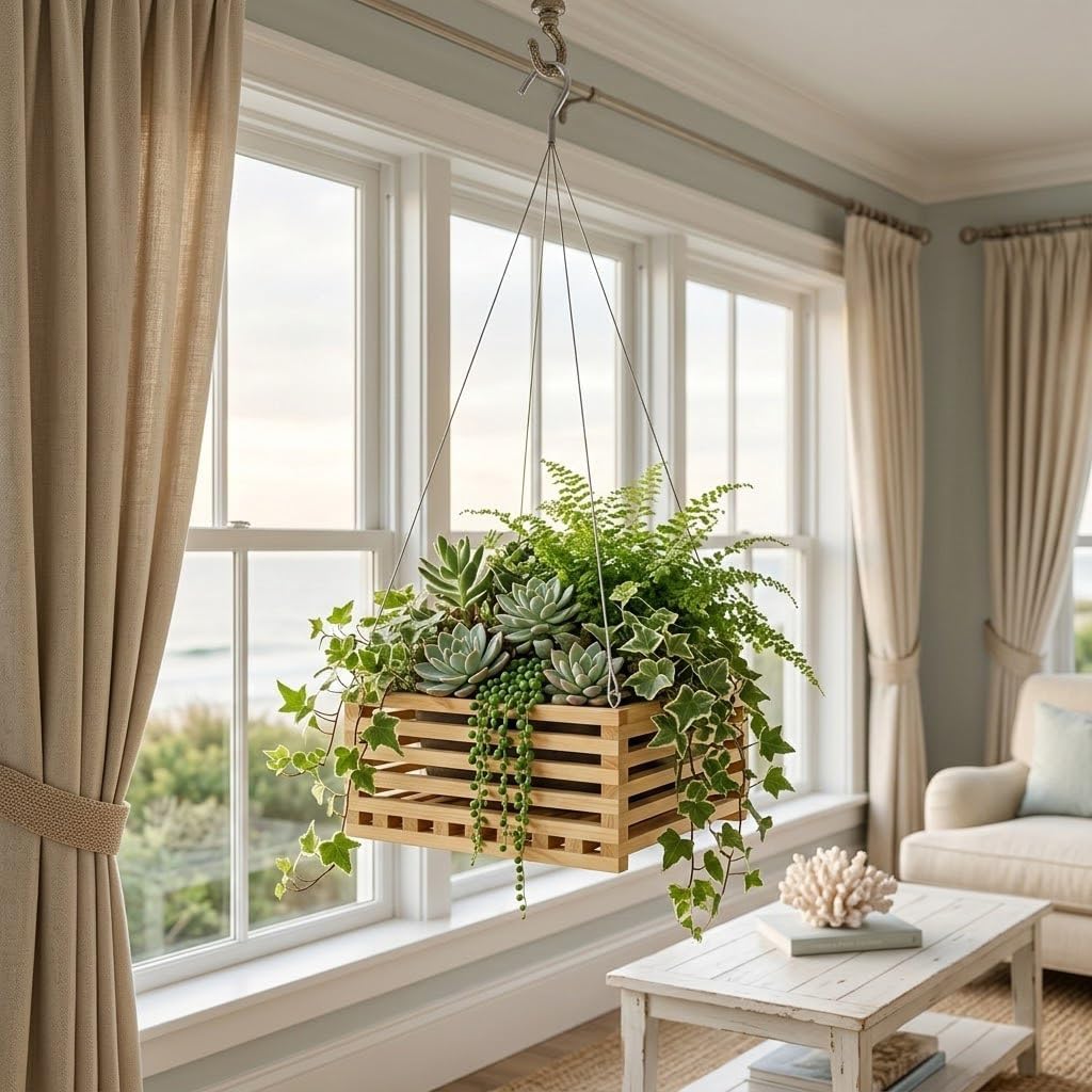 10" Wooden Orchid Basket with Hanger for Vandas & Ferns, Square Wood Hanging Planter for Patio, Balcony Decor, Garden Flower Pot for Indoor Outdoor Plants