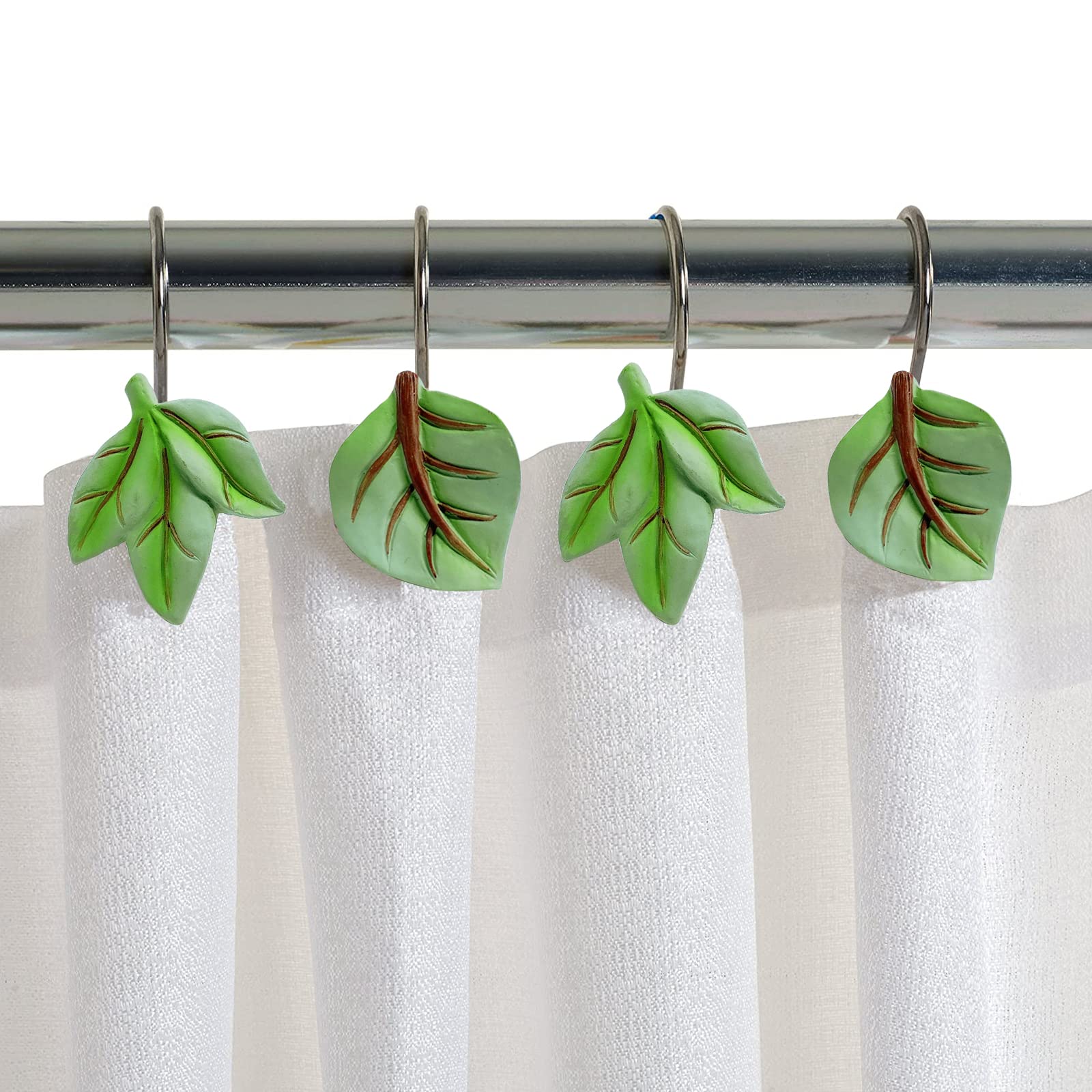 ZILucky Set of 12 Leaves Shower Curtain Hooks, Spring Rustic Farmhouse Green Tropical Botanical Plant Theme, Home Bathroom Decor Accessories (Green)