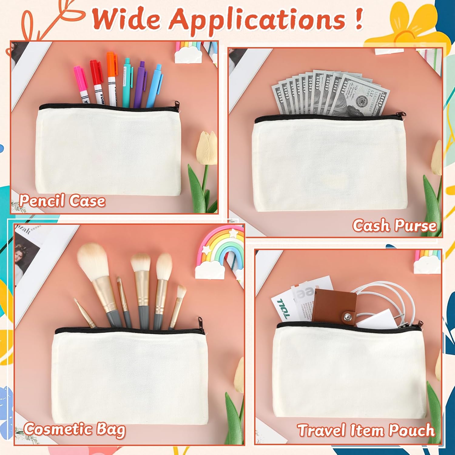 50 Pcs Canvas Pencil Pouch Bulk,Blank Canvas Zipper Pouch,Makeup Bag,Canvas Pouch Cosmetic Bags,Pencil Case with Acrylic Paint Markers for DIY Craft, Travel, Office Supplies,Multi-Purpose Stationery