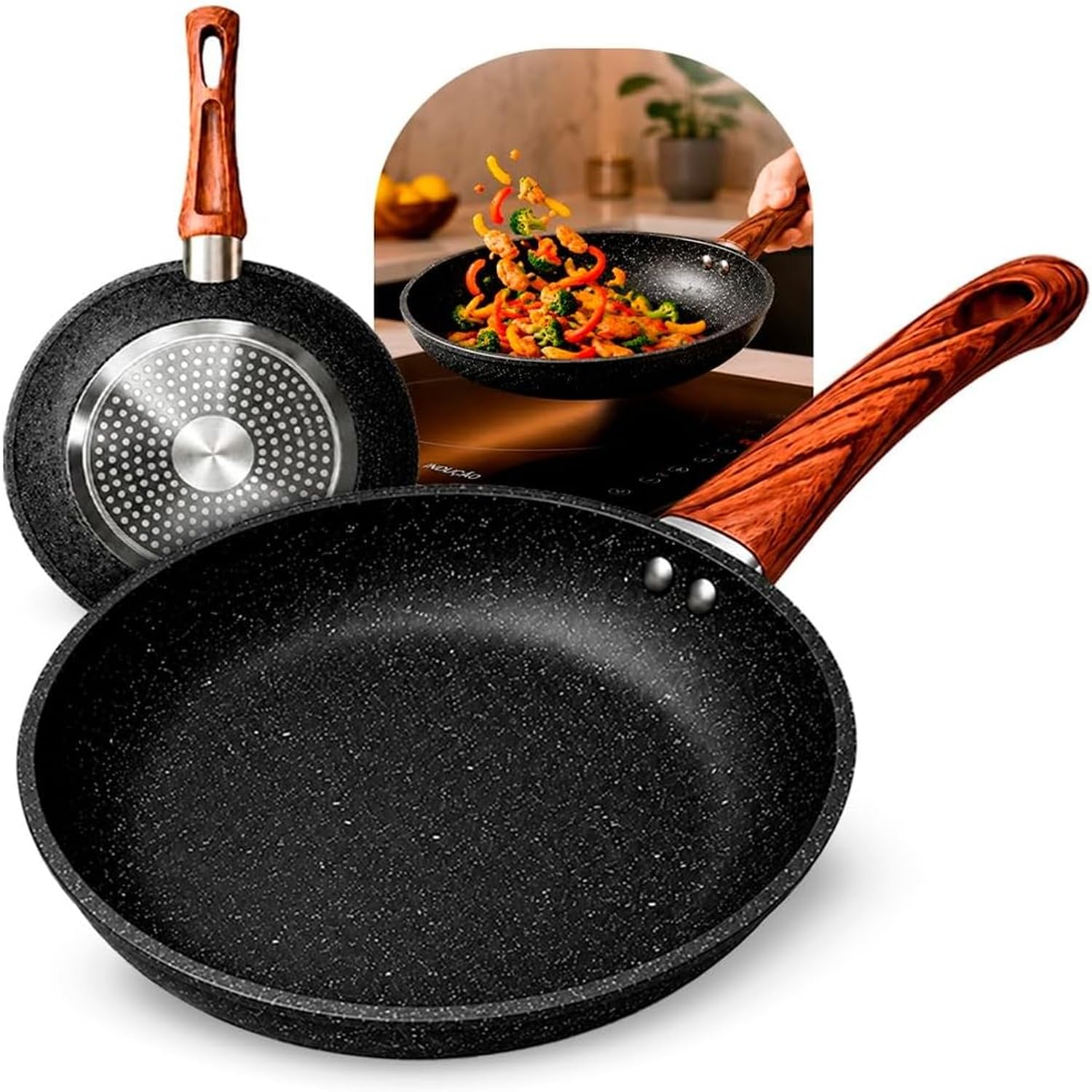 Frigideira Antiaderente Cerâmica Granito Preta 26cm com Cabo Soft Touch Madeira
