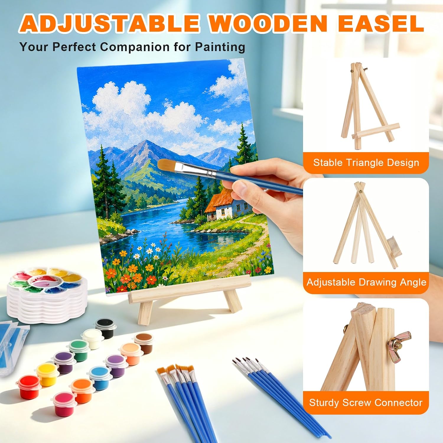 8 Pack 8 * 10In Canvas Boards for Painting,Art Canvas for Drawing with 26 Brushes8 easels &8 Aprons 8 Paint Trays & 16 Acrylic Paint, Mini Painting with Easel Set,Painting Kits for Adults Party