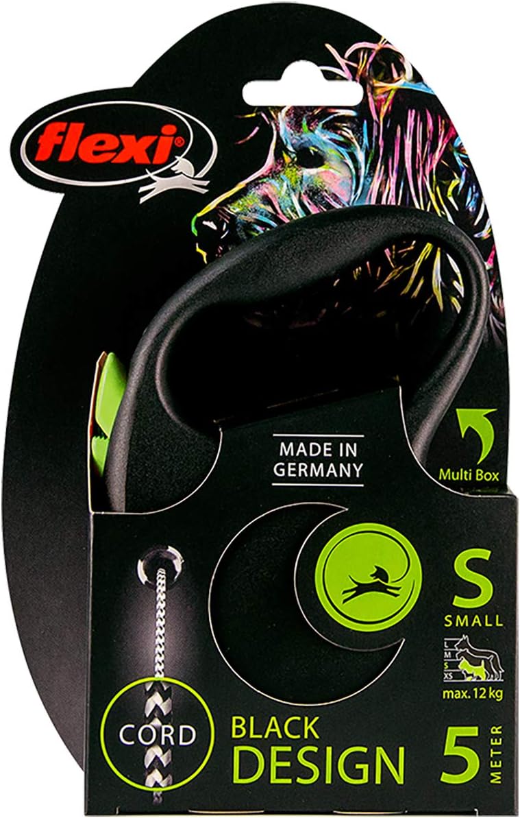 Flexi Black Design Cord Green Small 5m Retractable Dog Leash/Lead for Dogs up to 12kgs/26lbs