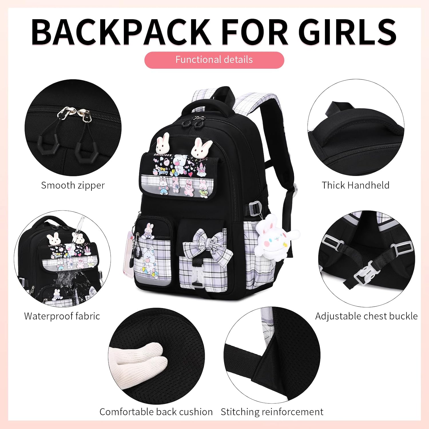 Cute Backpack for Girls Bookbag School Bag for girls Kids Backpack Middle High Elementary School Backpack for Teen Girls (Black)