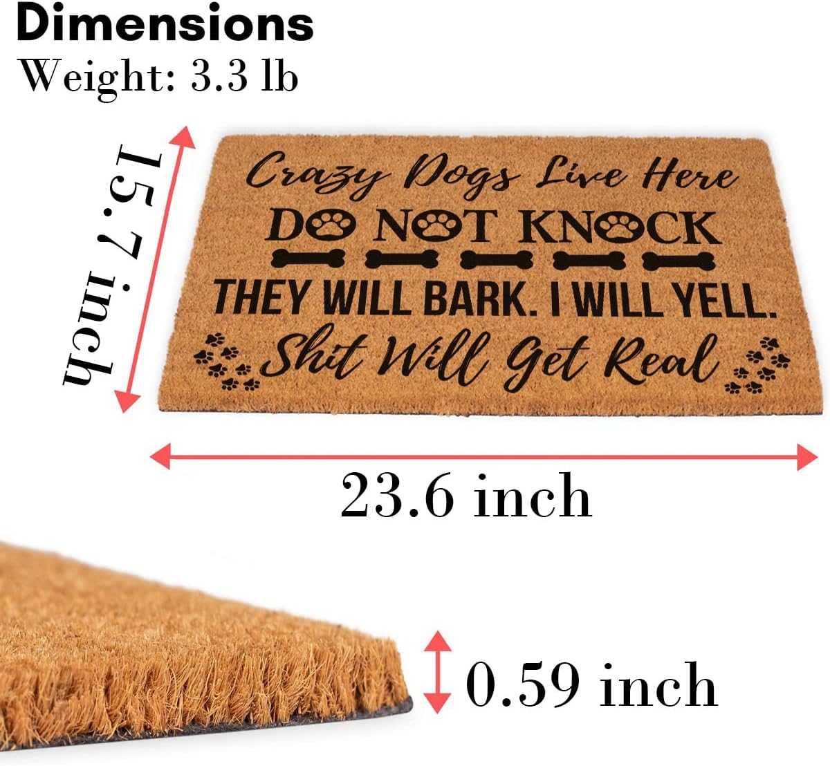 Funny Coir Doormat Crazy Dogs Live Here Do Not Knock They Will Bark I Will Yell Shit Will Get Real Welcome Front Porch Decor Doormat For The Entrance Way Personalized Coir Doormat 23.6x15.7 inch