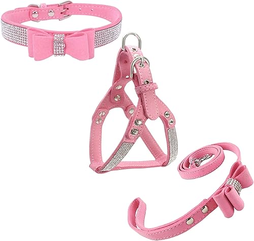 Newtensina Bowtie - Juego de collar y arnés y correa para perro, cómodo y suave collar de cachorro de diamante con arnés y correas para perro, rosa,