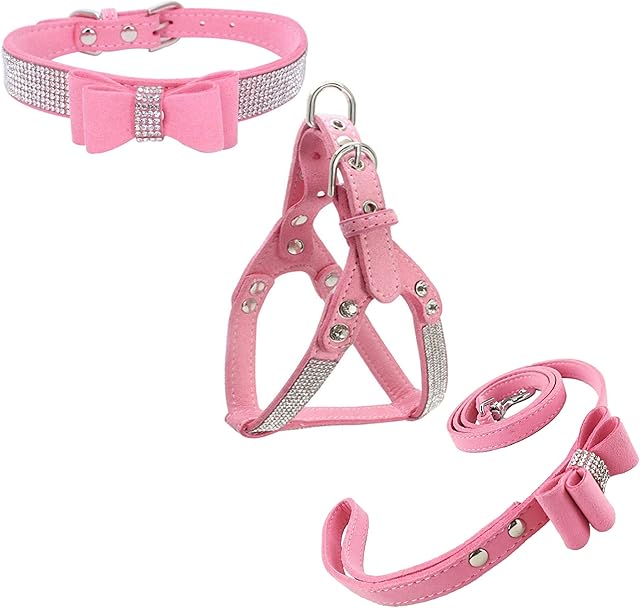 Newtensina Bowtie Dog Collar & Harness & Lead Sets Comfortable Soft Puppy Collar Diamante with Harness and Leashes Set for Dog - Pink - XS