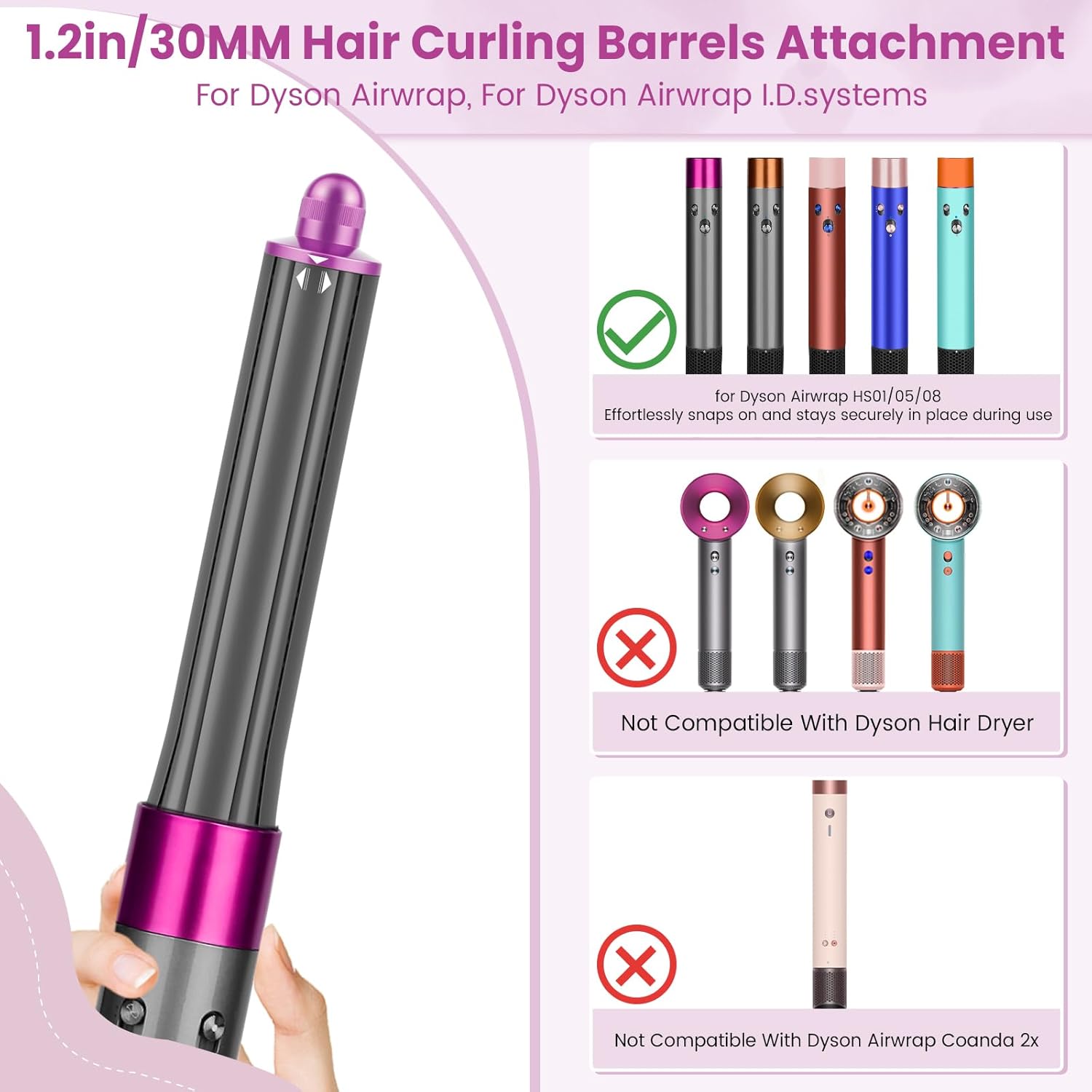 1.2IN Long Hair Barrels Attachment and 0.78in-1.4in Conical Long Barrels Attachment for Dyson Airwrap HS01 HS05 HS08 Accessories