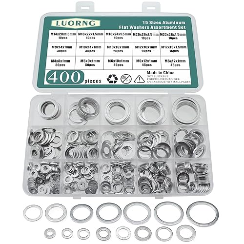 LUORNG Juego surtido de 400 arandelas planas de aluminio, 15 tamaños diferentes M4 a M22, adecuado para electrodomésticos y comerciales,