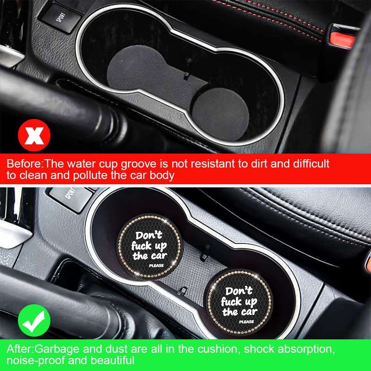 2 Pack Bling Car Coasters for Cup Holder Crystal Rhinestone 2 75 in Cup Holder Coaster Silicone Anti-Slip — view 5