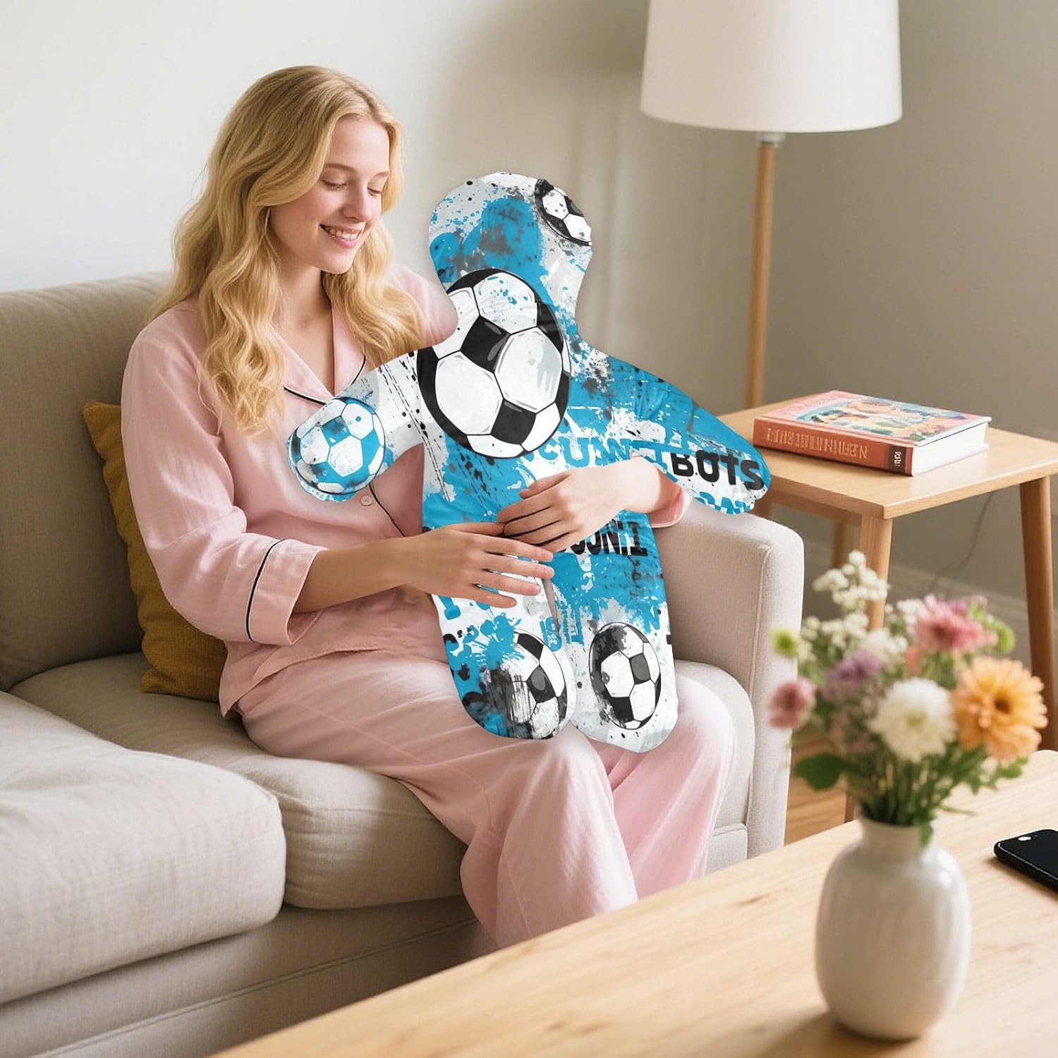 Abstract Football Blue Human-Shaped Pillow Soft Body Pillows Washable Velvet Pillows for Anxiety Relief Sleeping Cuddling & Support