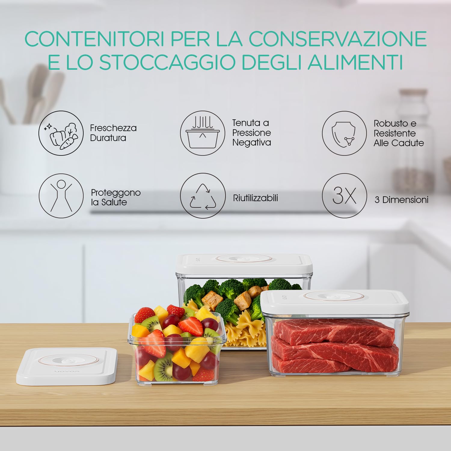 VOYOR Set da 3 Contenitori Sottovuoto Riutilizzabili per Alimenti (S/M/L) | Contenitori leggeri con valvola sottovuoto, ideali per meal prep e frigorifero organizzato. Macchina non inclusa