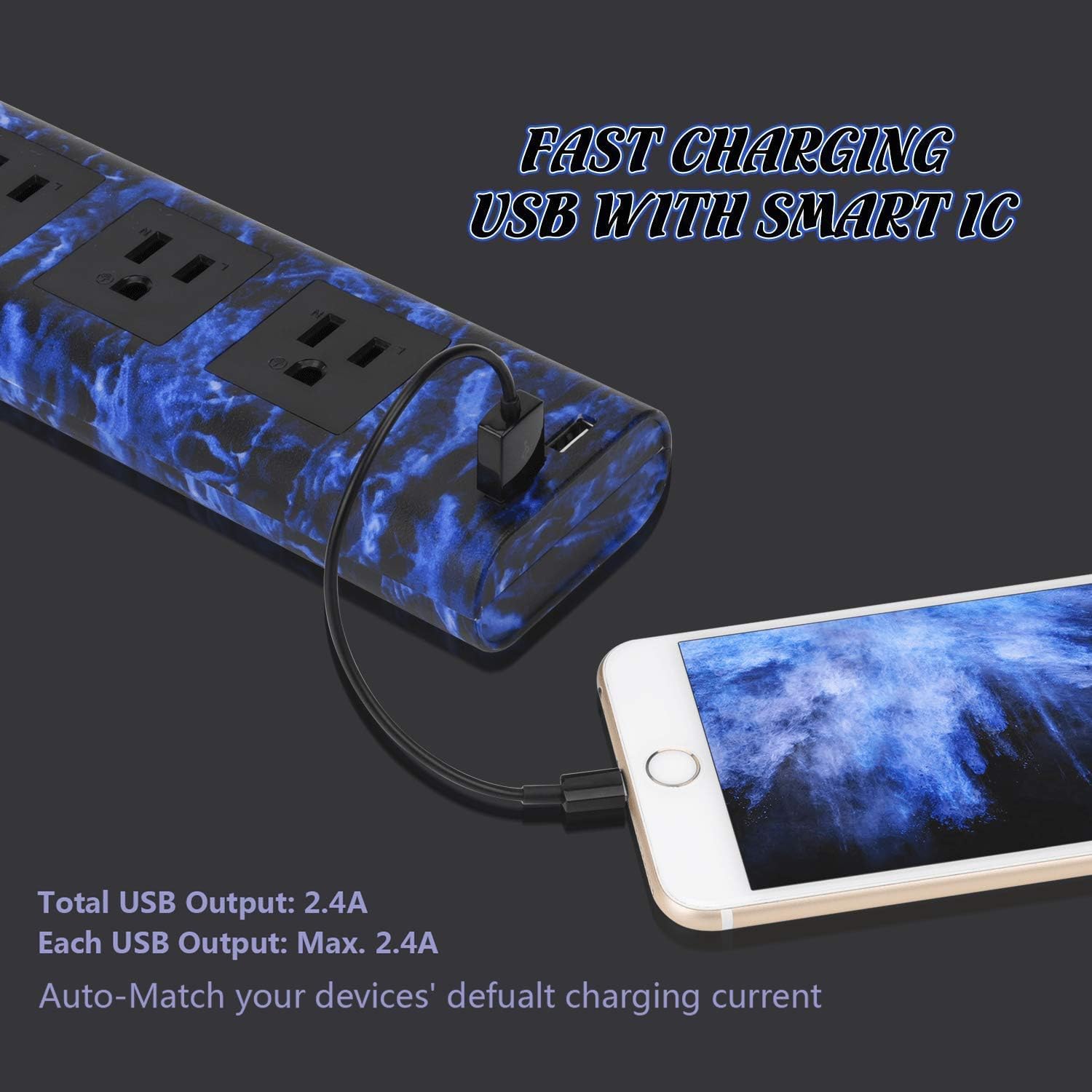 Surge Protector Power Strip with 2 USB 3 Outlet, 9.8 Ft Extension Cord, UL V-0 Fireproof, with Cable Tie OverLoad Protection ON/OFF Switch Flat Plug 110-240V, for iPhone Home Office Travel, Black Cord