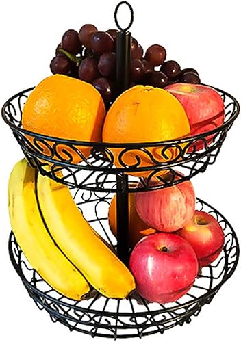 Soporte de frutas de 2 niveles para fruta, bandeja escalonada de metal, cesta de frutas de encimera, cesta de almacenamiento de dulces para