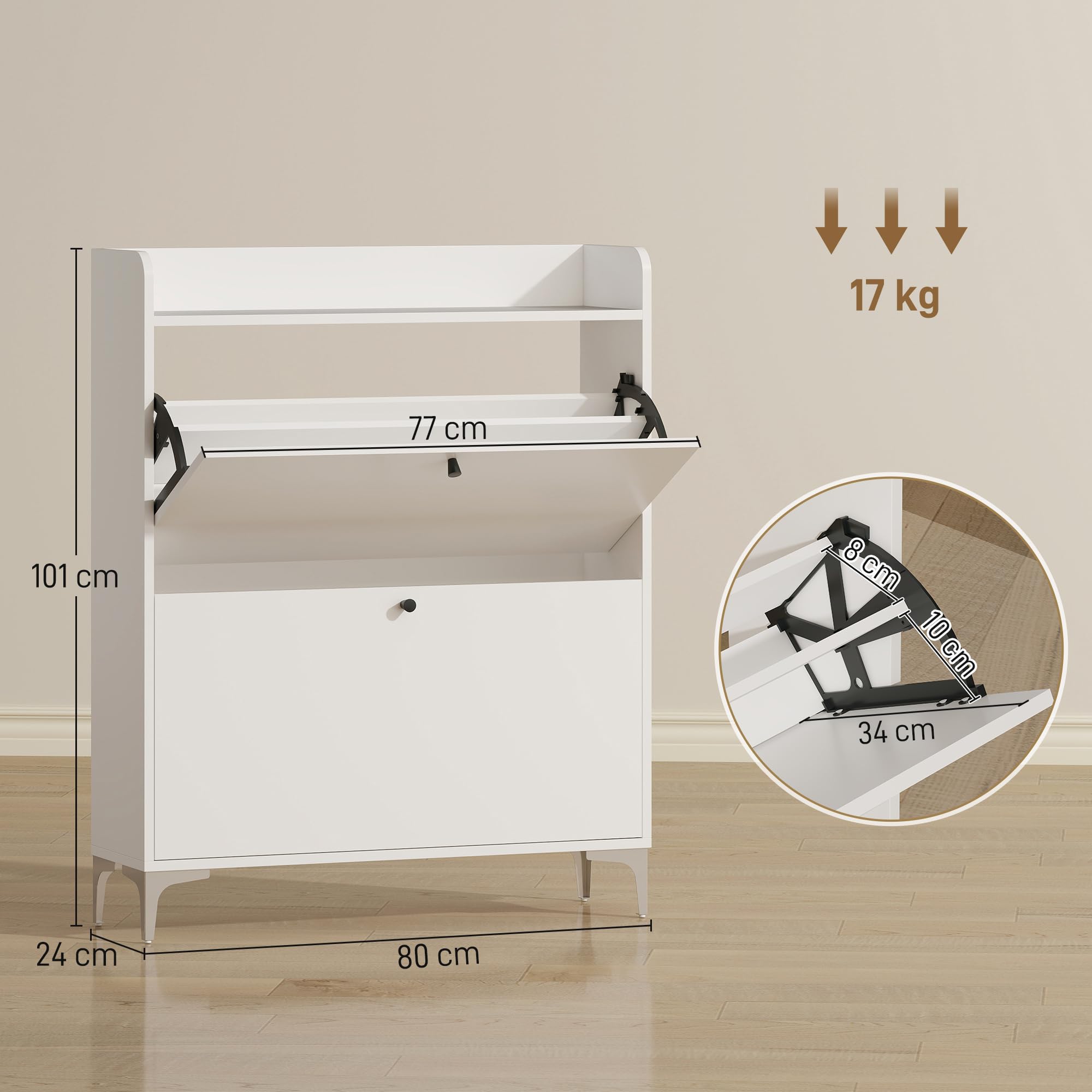 HOMCOM Scarpiera Salvaspazio Slim con 2 Ante a Ribalta, Scarpiera Ingresso con Ripiani Regolabili, Piano Superiore e Base Rialzata, Porta Scarpe per 16 Paia in Legno con Maniglia, 80x24x101 cm, Bianco