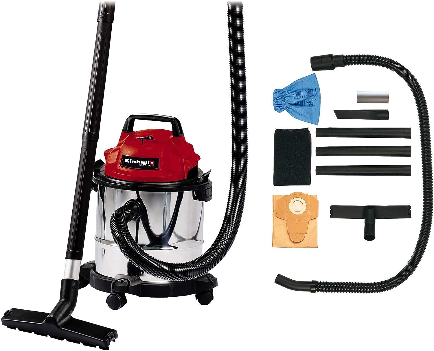 Einhell TC-VC 1812 S Wet And Dry Vacuum Cleaner With Blow Function - 1250W, 12L Stainless Steel Tank, 2.5m Hose, Accessories - Wet-Dry Vacuum For Car, Garage, Workshop, Home, Artificial Grass Vac