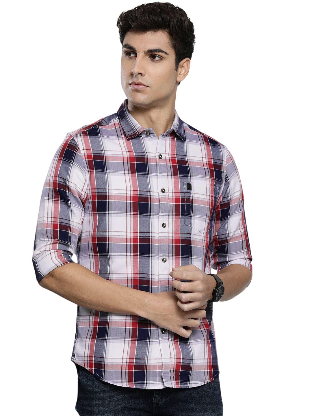 Men Regular Fit Checkered Full Sleeves Cutaway Collar Casual Shirt