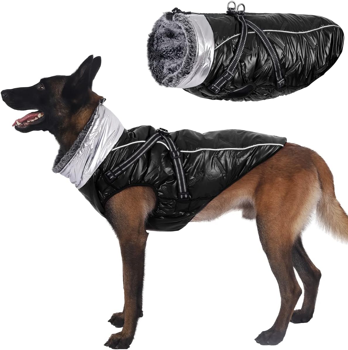 CBBPET Furry Collar Dog Cold Weather Coats&Cozy Waterproof Windproof Reversible Winter Dog Jacket-Warm Coat Reflective Winter Vest,Large…