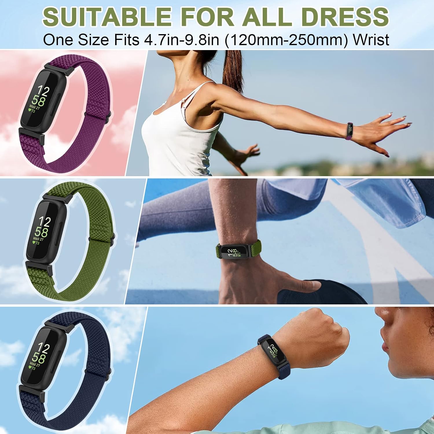 Vodtian 4 Pack Bands Compatible with Fitbit Inspire 3/Inspire 2/Inspire/Inspire HR/Ace 3/Ace 2 Band, Elastic Adjustable Nylon Loop Straps Replacement Sport Stretchy Wristband for Women Men