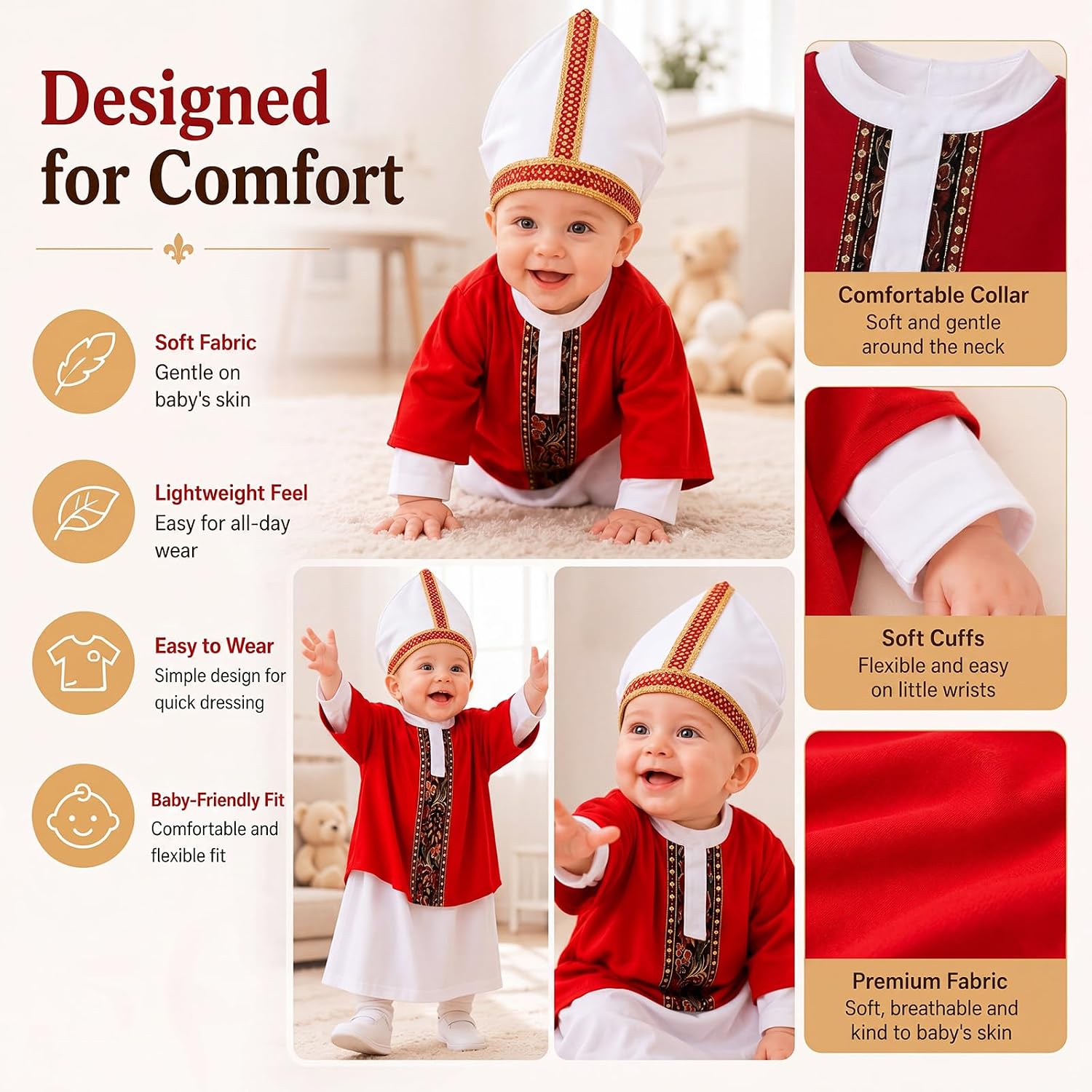 Maiteenly 3 Pcs Halloween Pint Sized Pope Costume Infant Small Bishop Outfit Set White Robe Red Papal Poncho Pope Hat