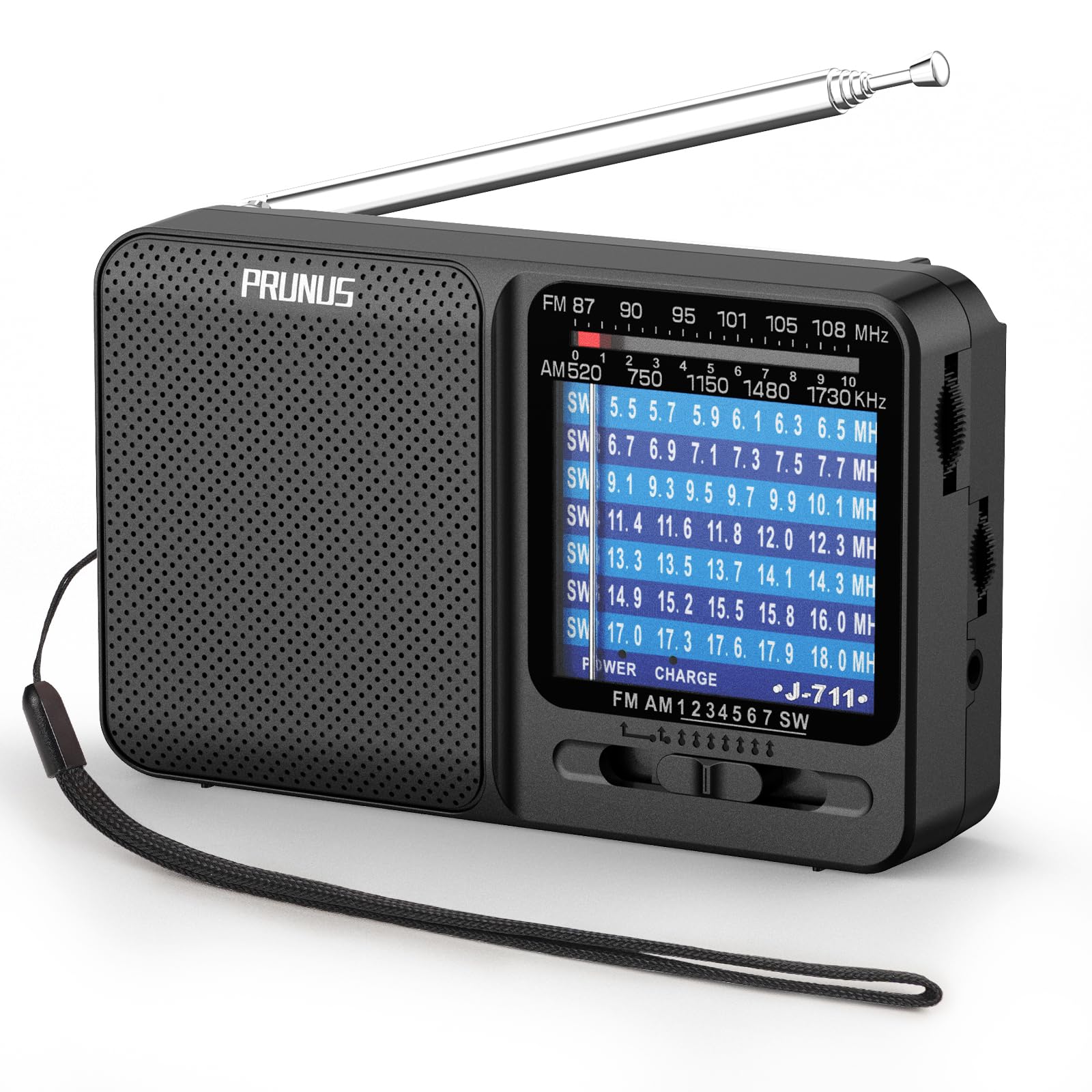 PRUNUS J-711 FM/AM/SW Weltempfänger Radio mit Akku, Radio Batteriebetrieben AA-Batterien & USB-C-Laden, Transistorradio mit Exzellentem Empfang, Taschenradio mit Lanyard zum Joggen, Reisen (Schwarz)
