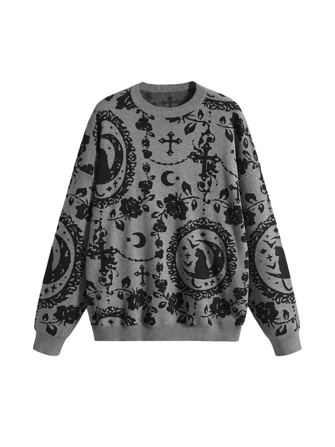 SHENHE Womens Oversized Goth Cartoon Pattern Ripped Round Neck Sweater Pullover Top