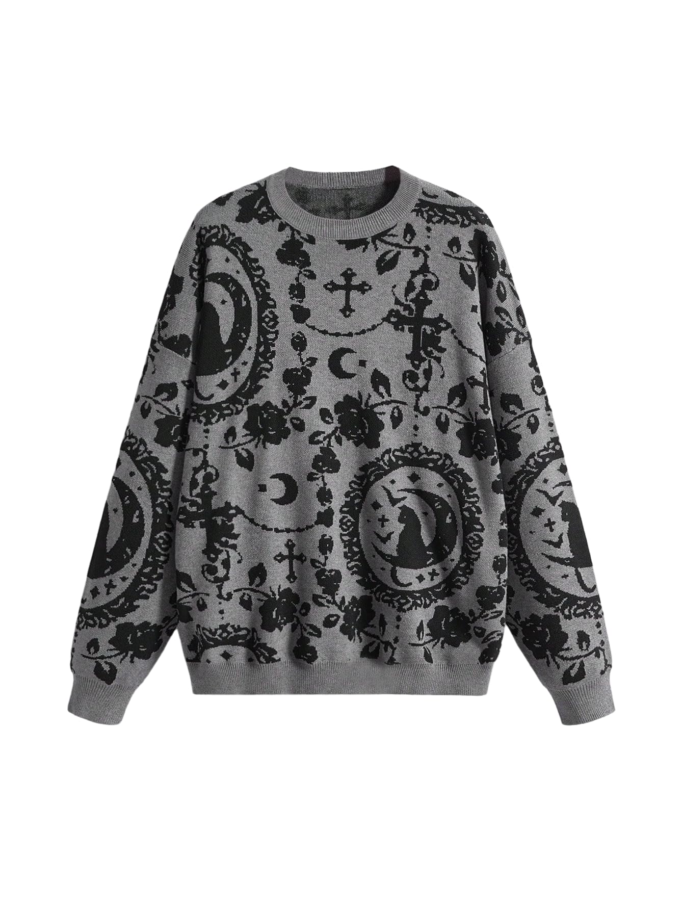 SHENHE Womens Oversized Goth Cartoon Pattern Ripped Round Neck Sweater Pullover Top