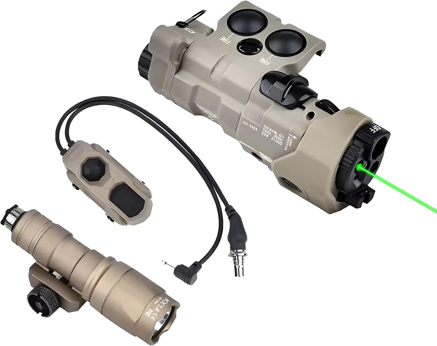Metal MWL Green Indicator Powerful Laser Dot IR Indicator Sight with M300A Flashlight & Dual Control Remote Pressure Button Switch Combo，300 Lumen White LED Tactic Scout Torch Light，for 20mm Rail，Tan