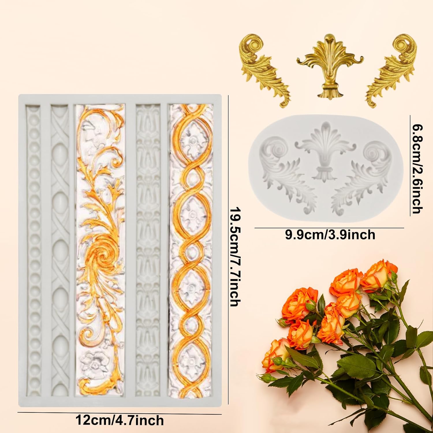 4 Pieces Baroque Silicone Fondant Mold Scroll Border Lace Silicone Molds Curlicues Gum Paste Candy Chocolate Molds for Cake Decorating Sugar Craft Polymer Clay