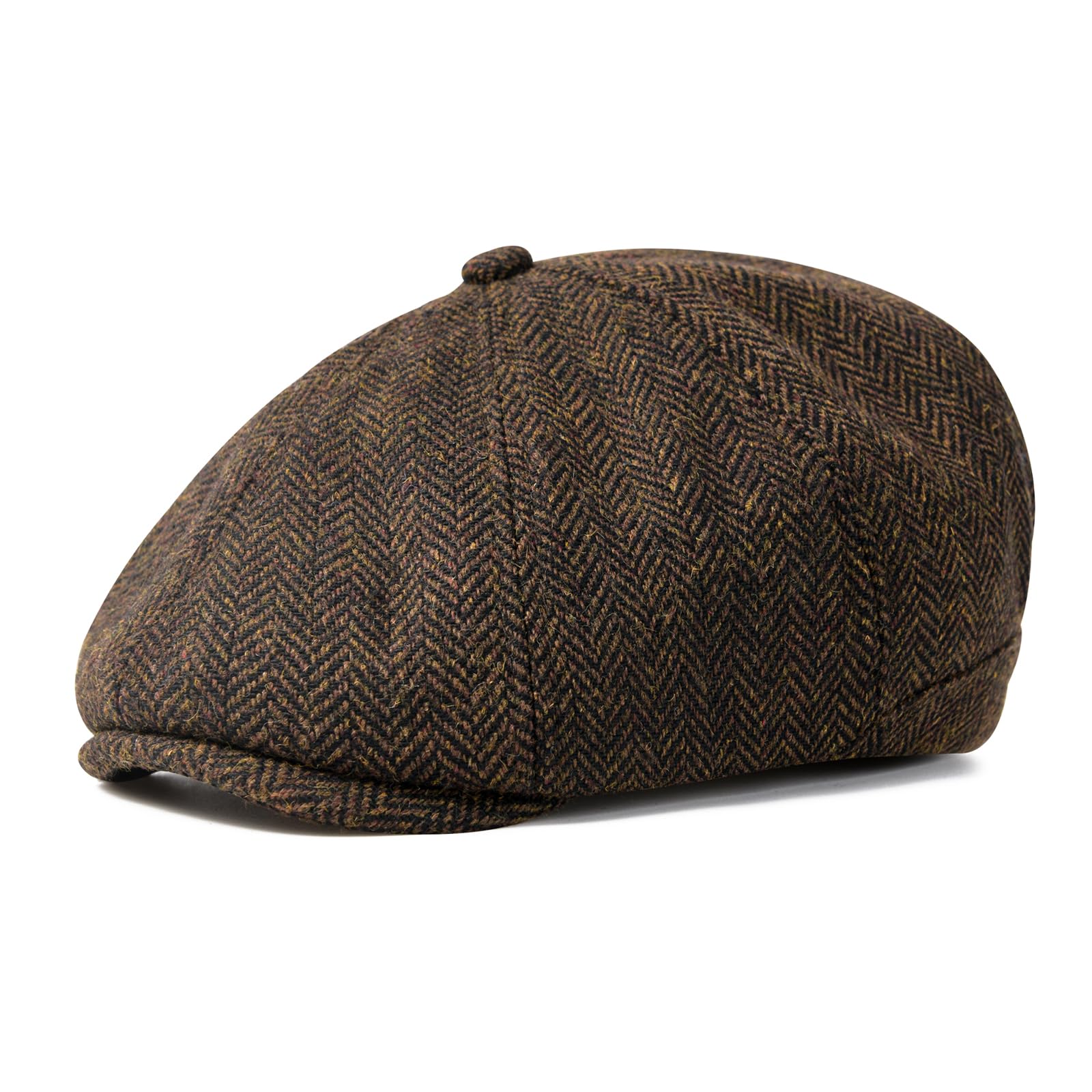 Men Wool Blend 8 Panel Newsboy Cap Herringbone Cabbie Flat Tweed Hat