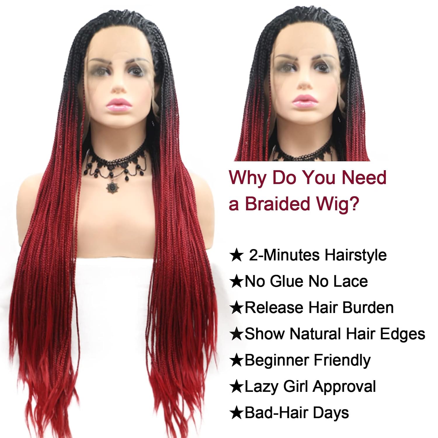 Ombre Red Box Braided Wigs Long Lace Front Braids Hair Wigs for Black Women Realistic Hand Braided Synthetic Wigs Soft Straight Cornrow Lace Frontal Wigs Heat Resistant Fiber Cosplay Christmas Gift