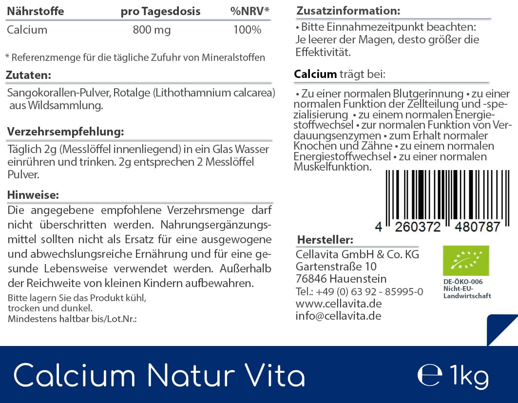 CELLAVITA Calcium Natur 8-Monatsvorrat 1000g | Calcium & Magnesium/Sango-Korallenpulver & Lithothamnium-Algenpulver
