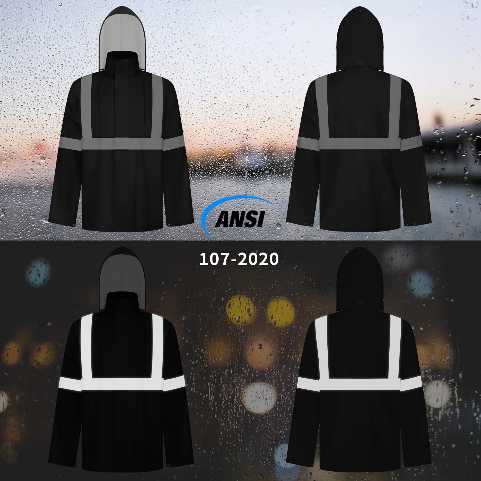 TCCFCCT Chaqueta de lluvia de alta visibilidad para hombre, clase 3 con capucha de alta visibilidad
