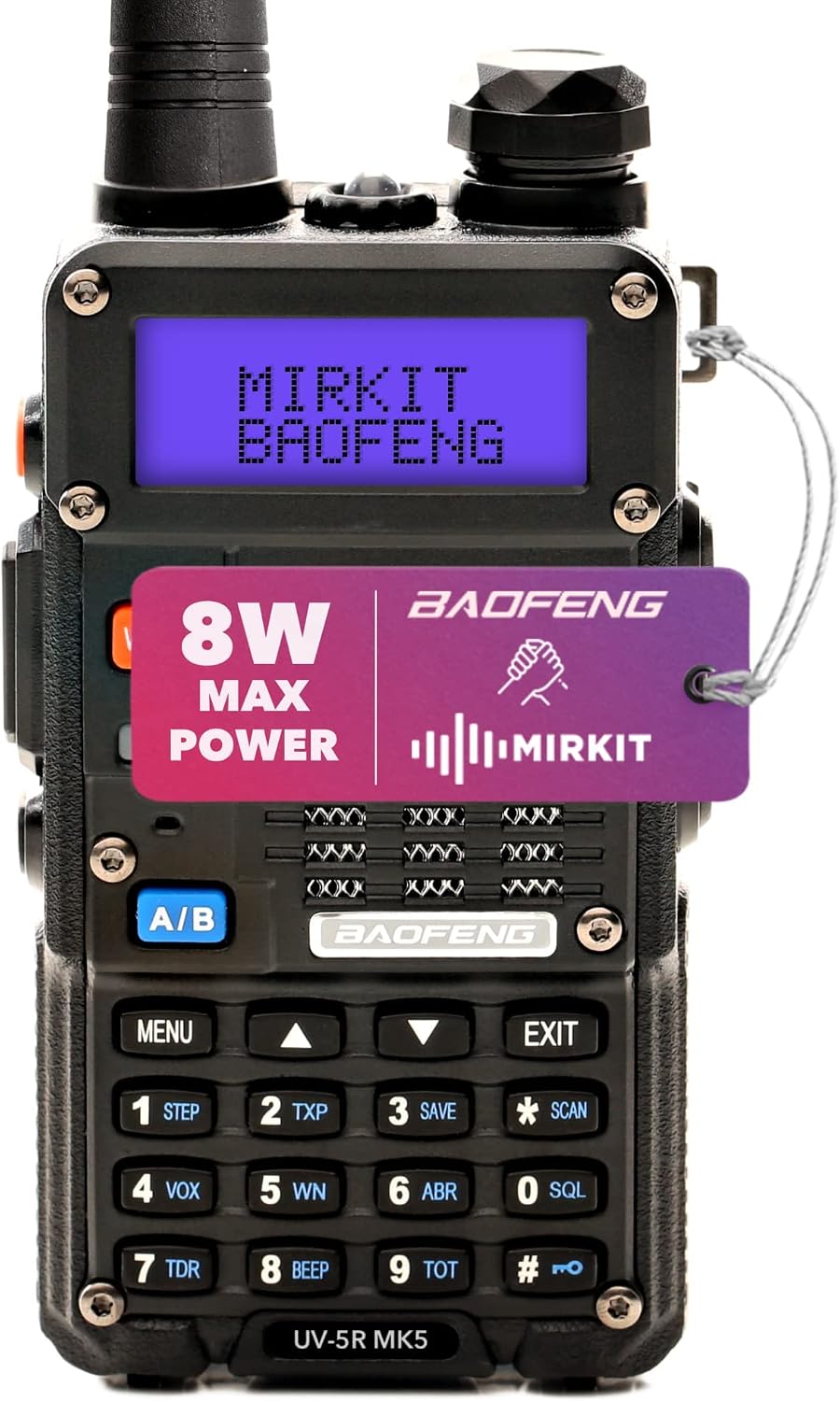 BAOFENG UV-5R MK5 (3rd Gen of UV-5R) 8 Watt Max Power. Mirkit Edition Full Kit Ham Radio with Baofeng Battery 1800 mAh & Lanyard & Mirkit Channel-List & USA Warranty