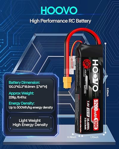 Miniatura 3 de HOOVO Batería Lipo 2S, 7.4V 5200mAh 120C Paquete de batería RC, estuche blando con enchufe XT60 para coche RC, camión, Buggy Crawler, avión, barco,