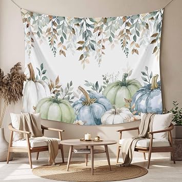 Fall Tapestry Wall Hanging White Blue Pumpkin Tapestries Aesthetic Sage Green Eucalyptus Leaves Thanksgiving Tapestry for Bedroom Living Room College Dorm Art Wall Decor Decorative Backdrop 60x90 Inch