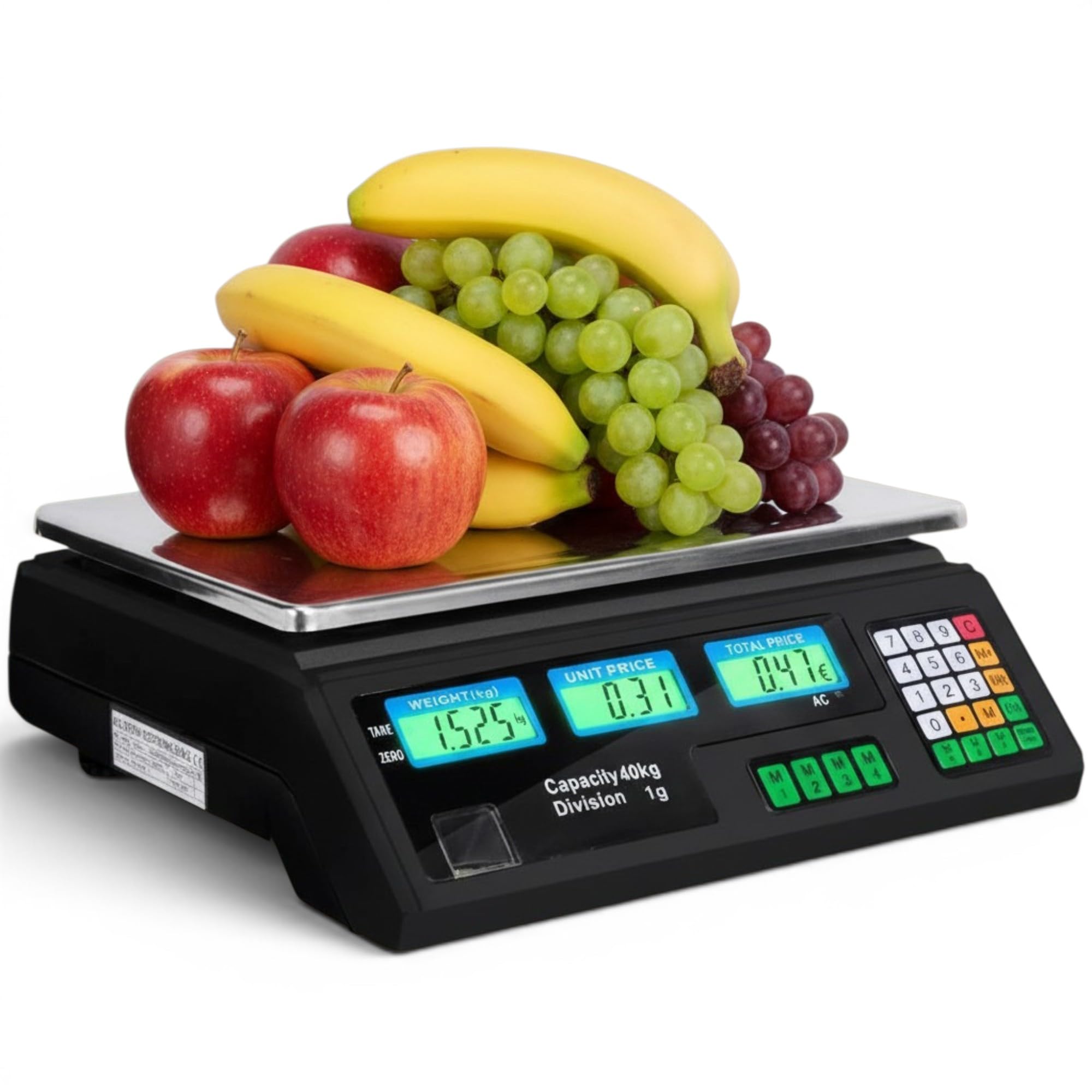 Bascula balanza Comercial para Pesar Fruta, verdura, carne. Peso 40kg 2 en 1 bateria interna y corriente 220V inalambrica pantalla delantera y trasera.