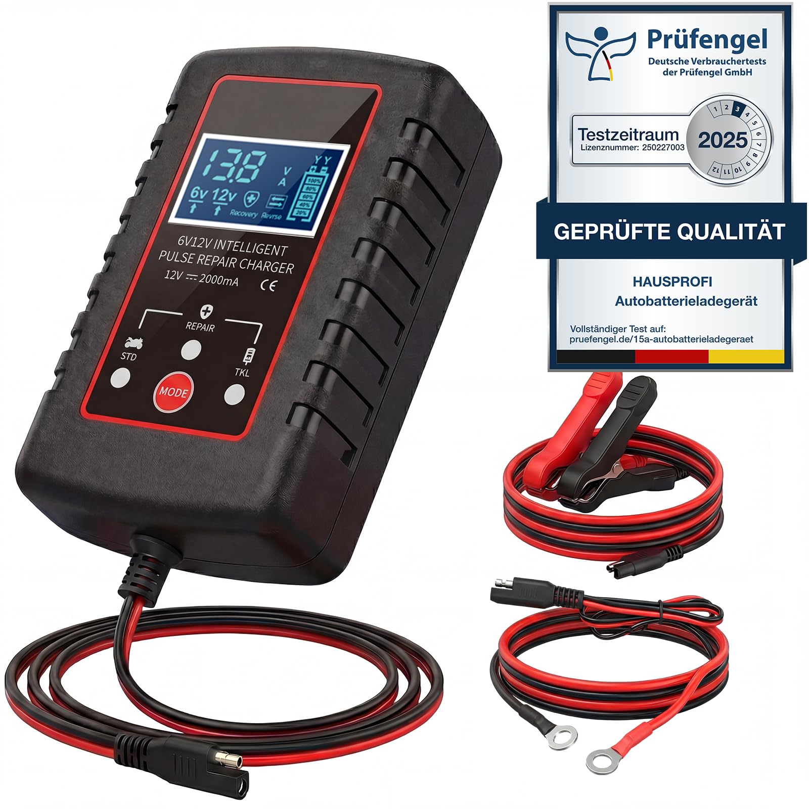 Autobatterie Ladegerät, HAUSPROFI KFZ Batterieladegerät mit Reparaturfunktion & Wintermodus, Erhaltungsladegerät für Auto, Motorrad, AGM, Gel Batterie