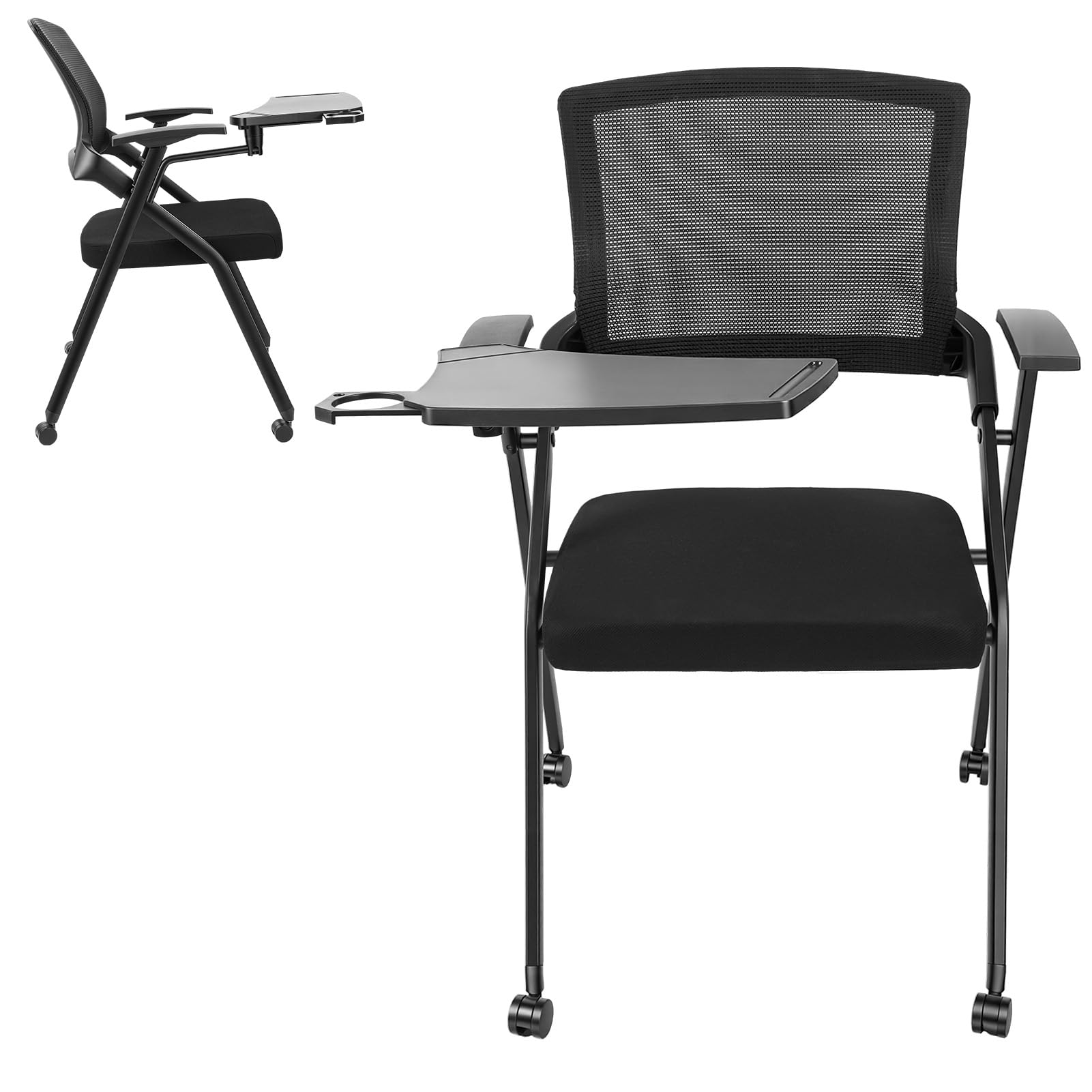 Chaise de Formation Pliable avec Tablette d'écriture, Fauteuil réunion roulettes pupitre, Dossier maillé accoudoirs, Porte-gobelet, Pliable Salle conférence，1