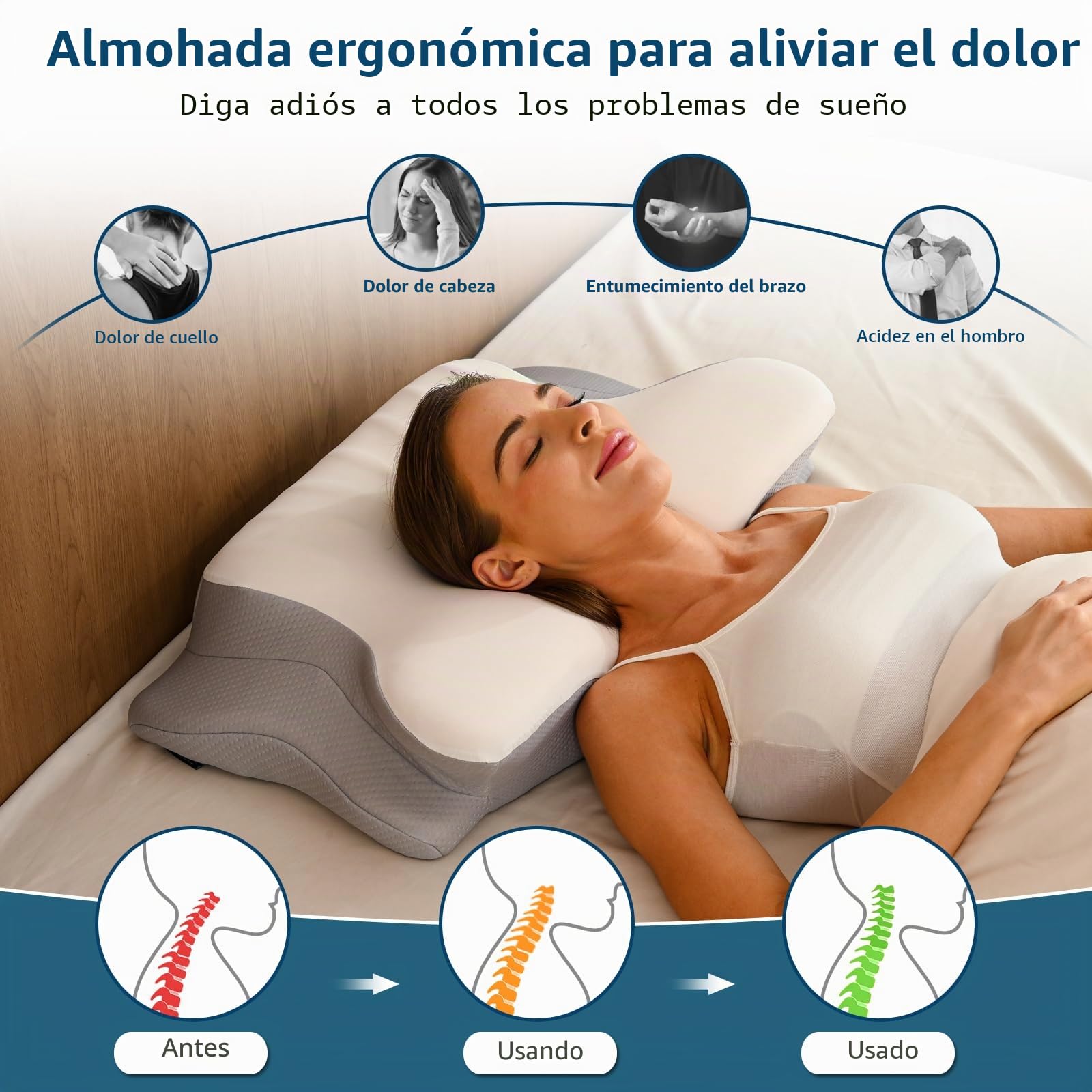 Almohada cervical para el cuello para aliviar el dolor, almohada ergonómica para dormir, almohadas de espuma viscoelástica de contorno con funda de almohada refrescante, almohada ortopédica para