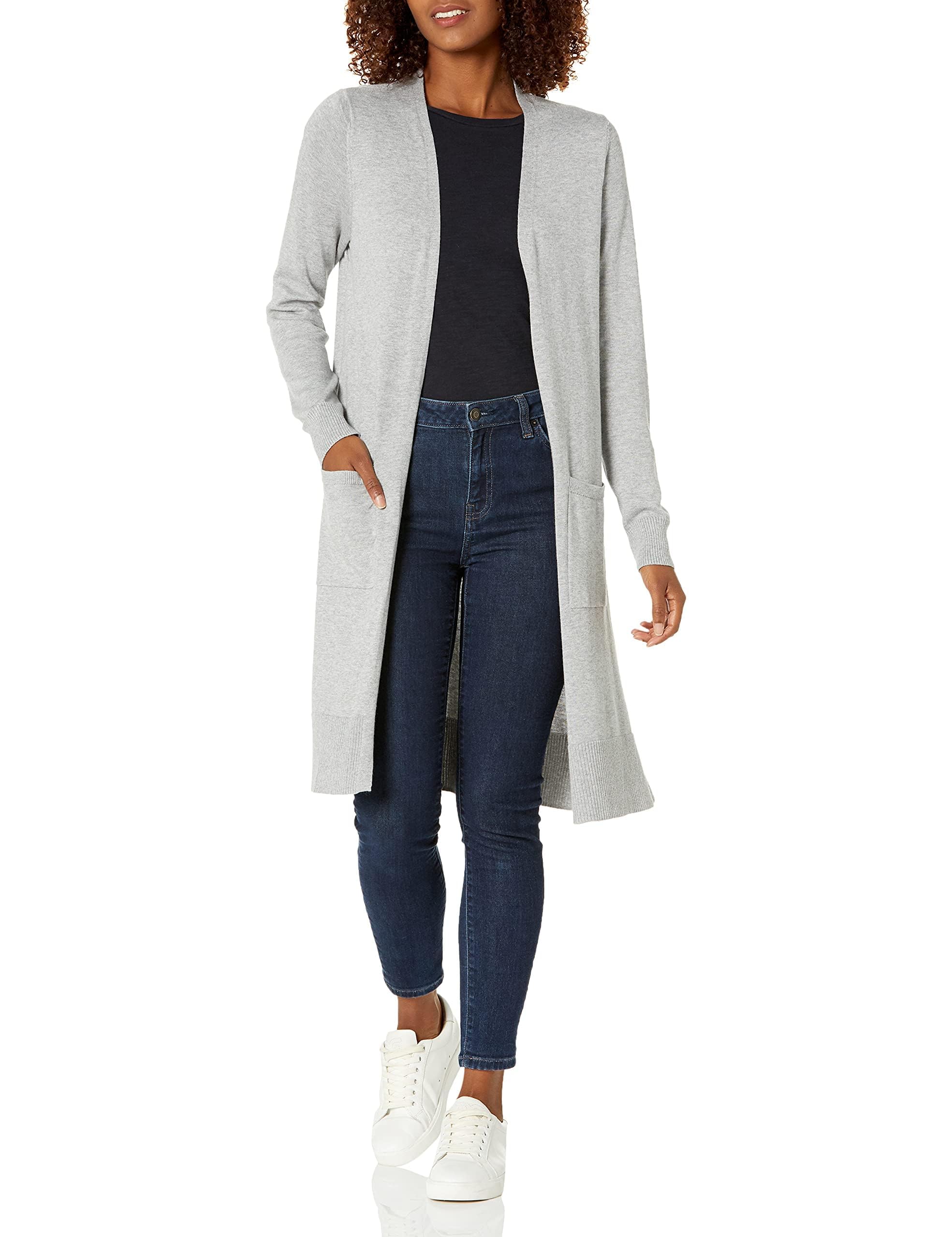 Amazon Essentials Women's Lightweight Longer Length Open-Front Long-Sleeve Cardigan Sweater, Light Grey Heather, X-Large