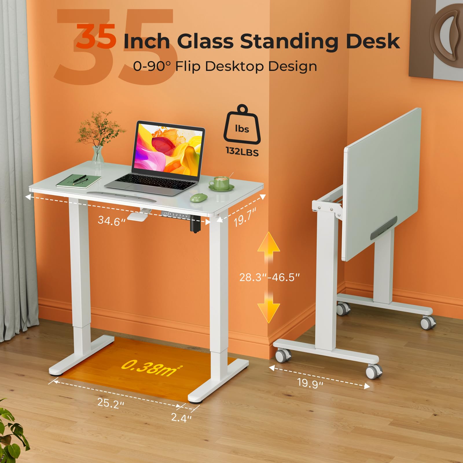 35inch Glass Standing Desk 90 Tiltable Mobile Rising Desk Height Adjustable Whole Piece Rolling Drafting DrawingTable with Wheels — view 2
