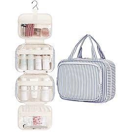 Narwey Striped Hanging Toiletry Bag for Women Travel Makeup Bag Organizer Toiletries Bag for Travel Size Essentials Accessories Cosmetics (Greyish Blue Stripe (Medium))
