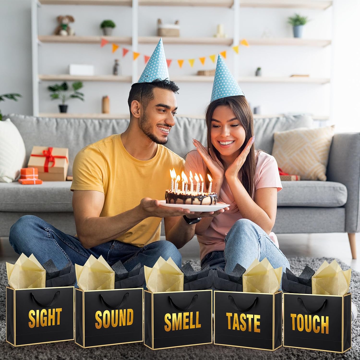 Kolldenn 5 Senses Gift Bags for Him Her Five Senses Gift Bag with Ribbon Handles and Tissue Paper Present Wrappings for Valentine Wedding Birthday Mothers Day(Black,11.8 x 10 x 4 Inch) - Image 6